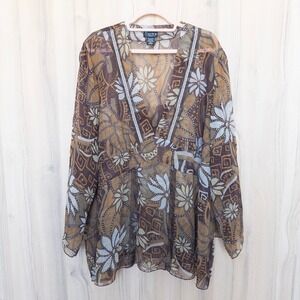 NY Collection Womens Floral Blouse Size 3X Brown Floral Mesh‎ Boho Hippie Earthy